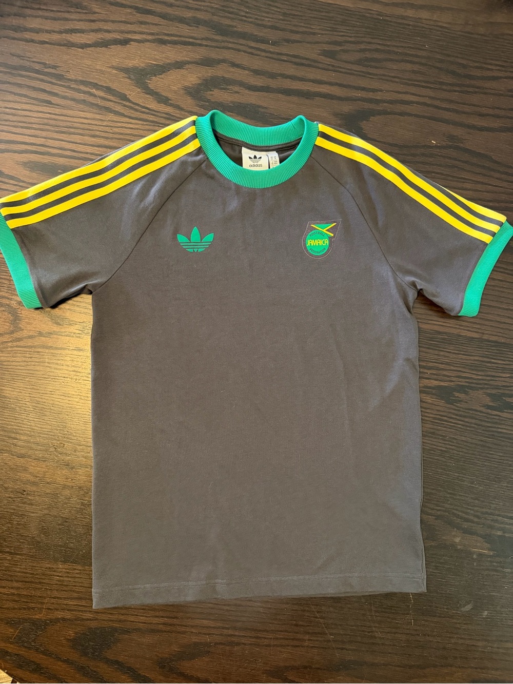 adidas Kids Dark Gray Tee with Yellow Stripes and Green Trim